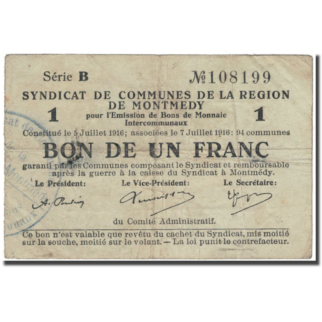 Frankrijk, Montmedy, 1 Franc, 1916, Syndicat de communes, TB, Pirot:55-02