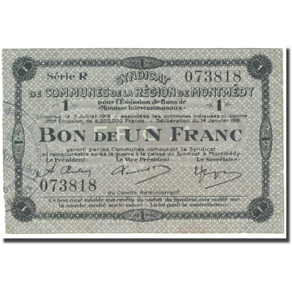 Frankreich, Montmedy, 1 Franc, 1918, Syndicat de communes, SS, Pirot:55-13