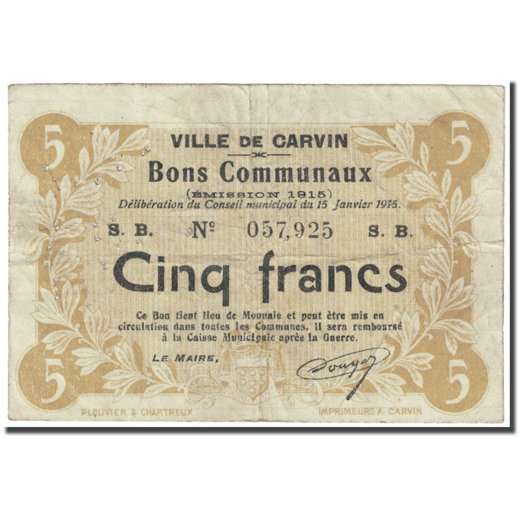 França, Carvin, 5 Francs, 1915, Bons Communaux, VF(20-25), Pirot:66-245