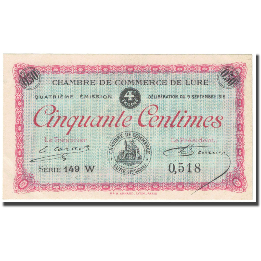 France, Lure, 50 Centimes, 1918, Chambre de Commerce, UNC(65-70), Pirot:76-24