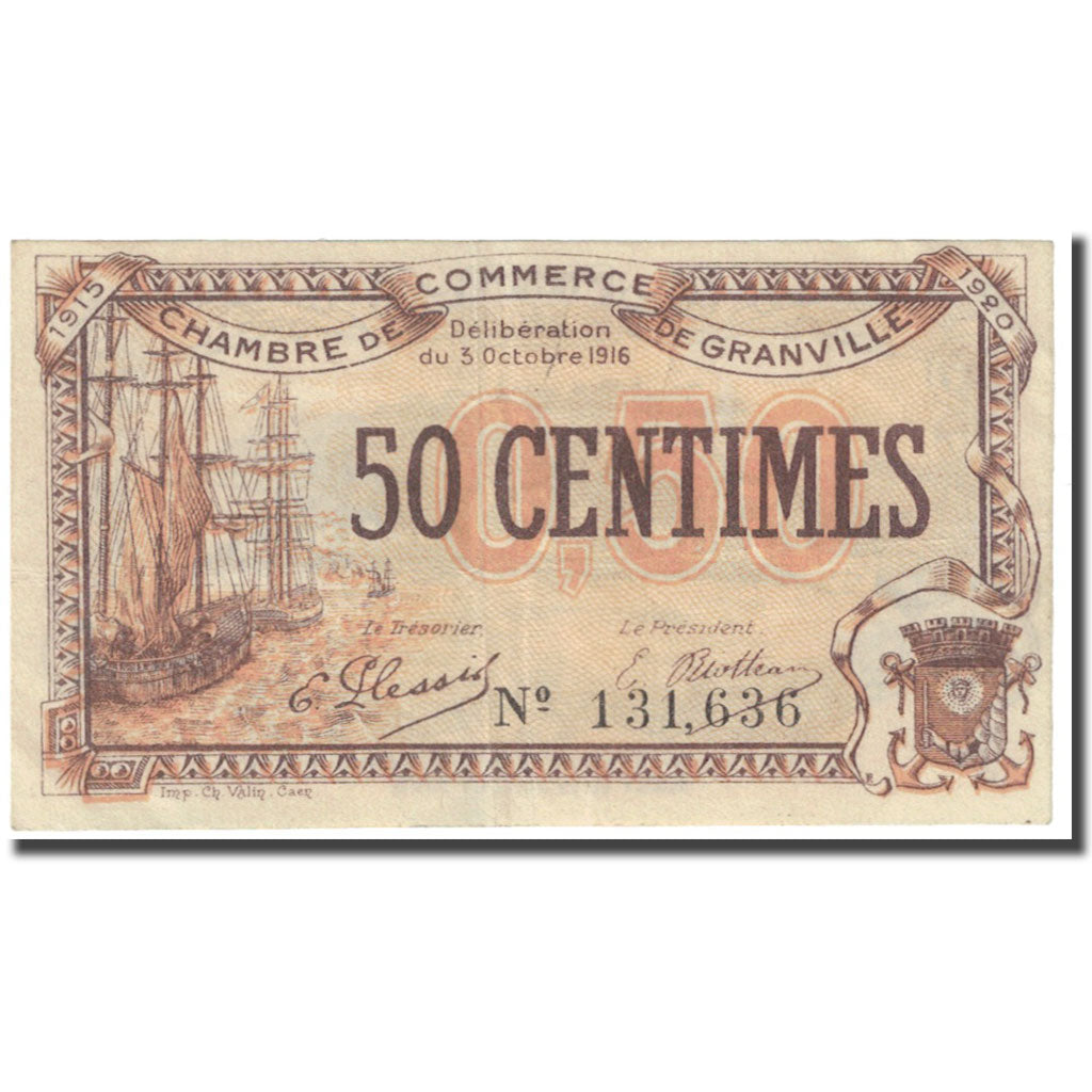França, Granville, 50 Centimes, 1916, Chambre de Commerce, VF(20-25)