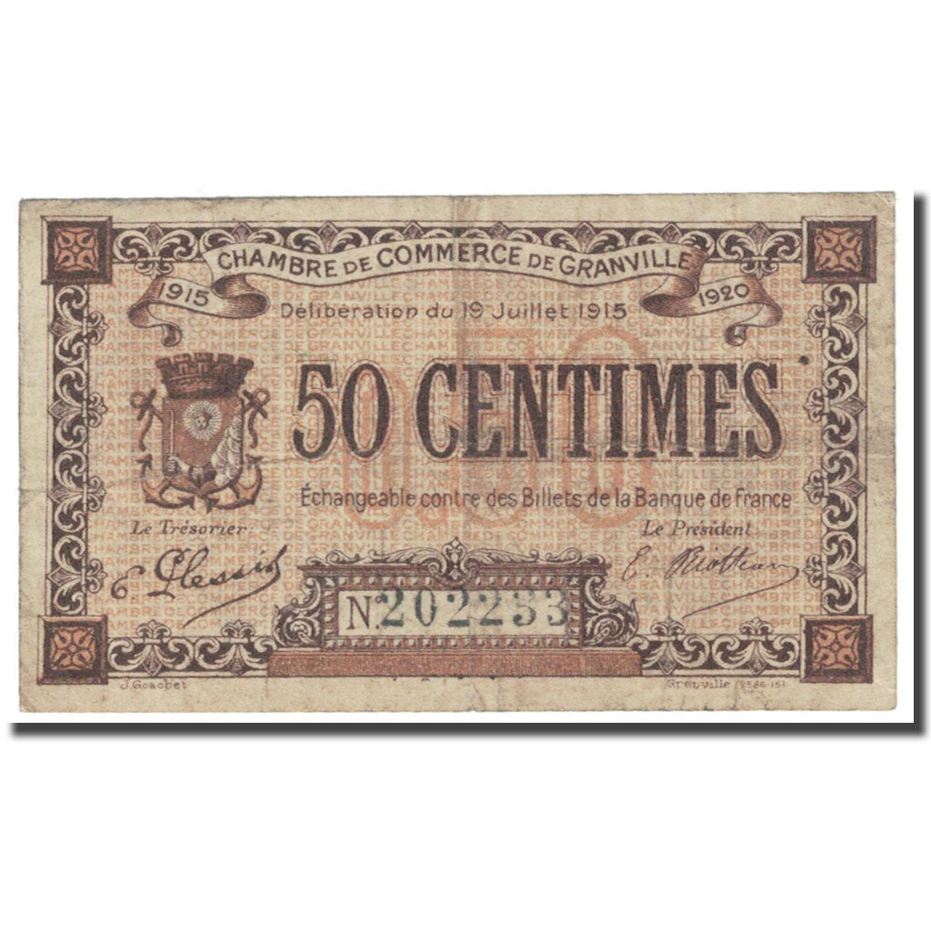 França, Granville, 50 Centimes, 1915, Chambre de Commerce, VF(20-25)