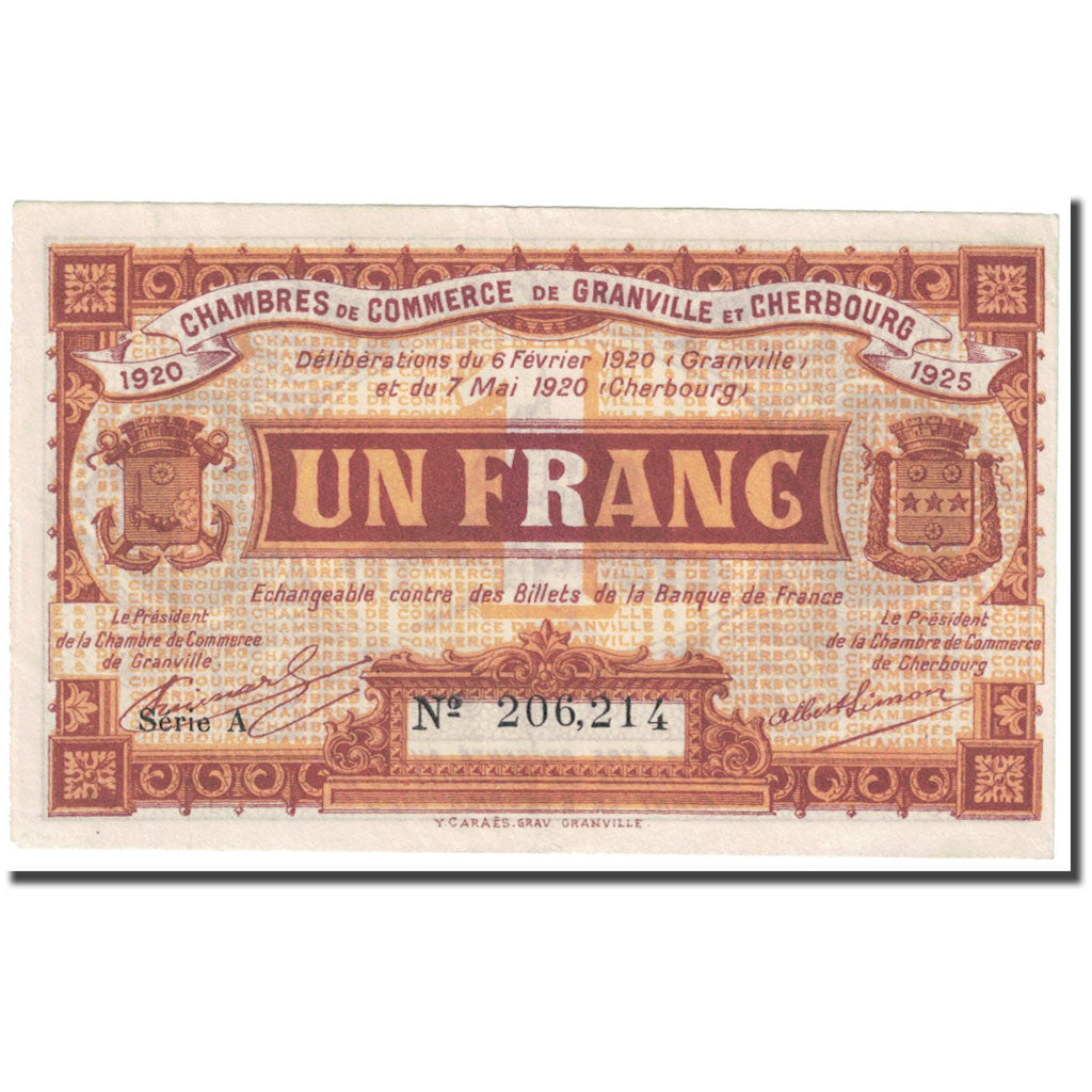 Francia, Granville et Cherbourg, 1 Franc, 1920, Chambre de Commerce, EBC
