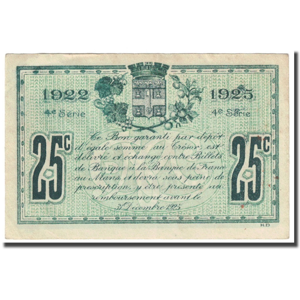 France, Le Mans, 25 Centimes, 1922, Chambre de Commerce, SUP, Pirot:69-20