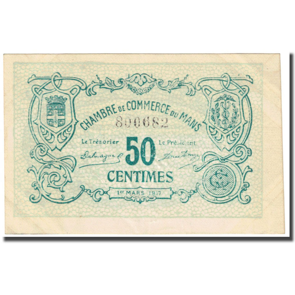 France, Le Mans, 50 Centimes, 1917, Chambre de Commerce, AU(55-58), Pirot:69-9