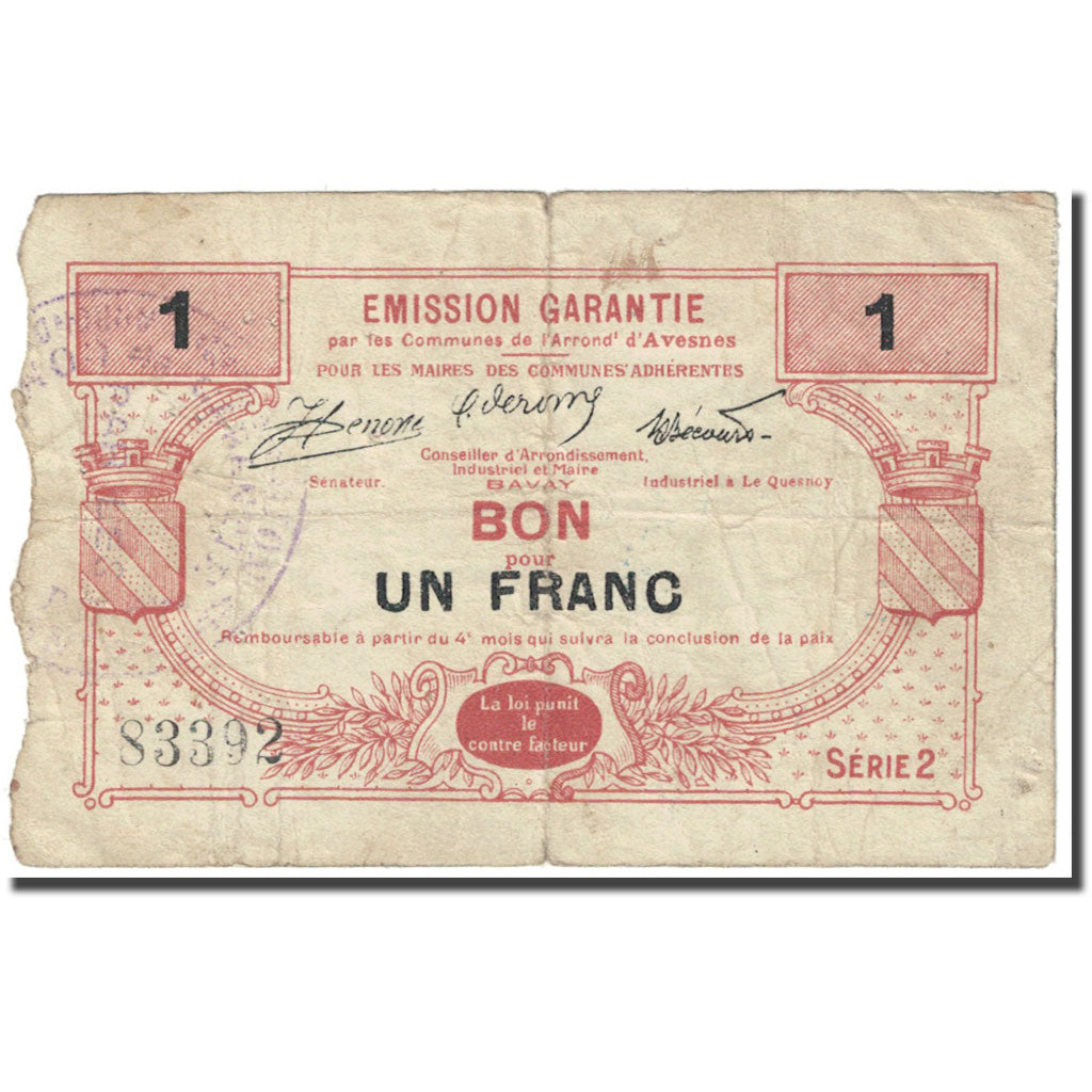 Frankrijk, Avesnes-sur-Helpe, 1 Franc, Bon Pour, B, Pirot:59-189