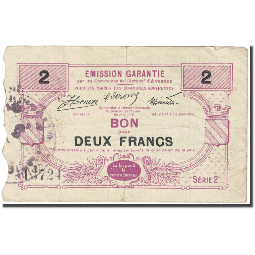 Francia, Avesnes-sur-Helpe, 2 Francs, Bon Pour, MB, Pirot:59-190