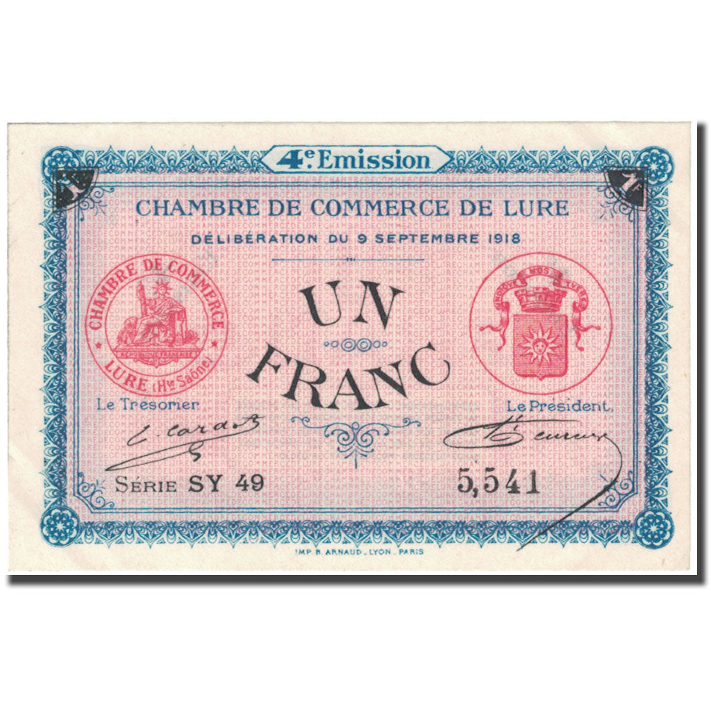 France, Lure, 1 Franc, 1918, Chambre de Commerce, UNC(63), Pirot:76-28