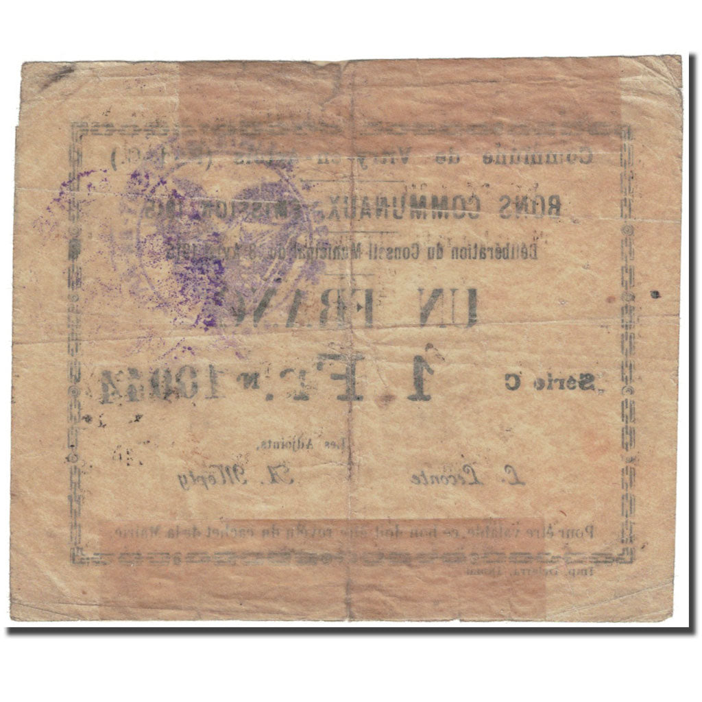 France, Vitry-En-Artois, 1 Franc, 1915, Bons Communaux, AG(1-3), Pirot:62.1315