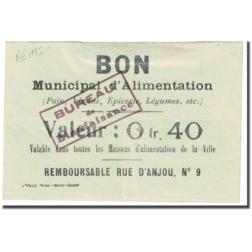 Frankreich, Reims, 40 Centimes, Bon Municipal d'Alimentation, S, Pirot:51-26