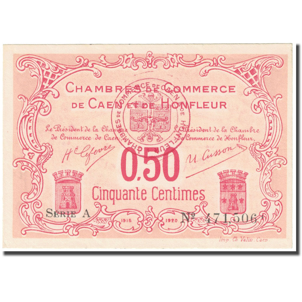 France, Caen et Honfleur, 50 Centimes, 1915, Chambre de Commerce, UNC(65-70)