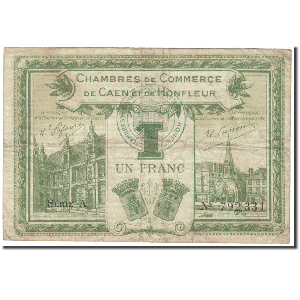 France, Caen et Honfleur, 1 Franc, 1915, Chambre de Commerce, VF(20-25)
