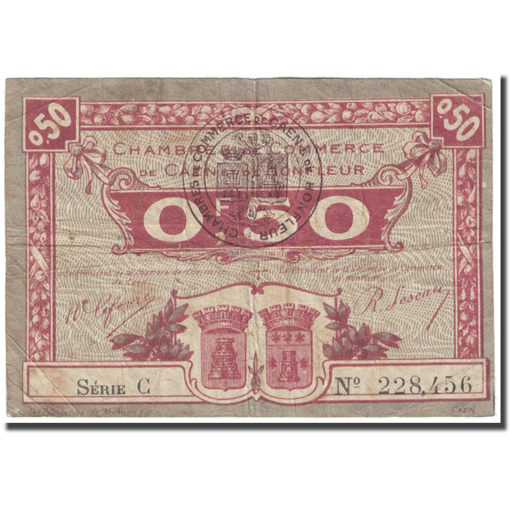 France, Caen et Honfleur, 50 Centimes, 1920, Chambre de Commerce, VF(20-25)