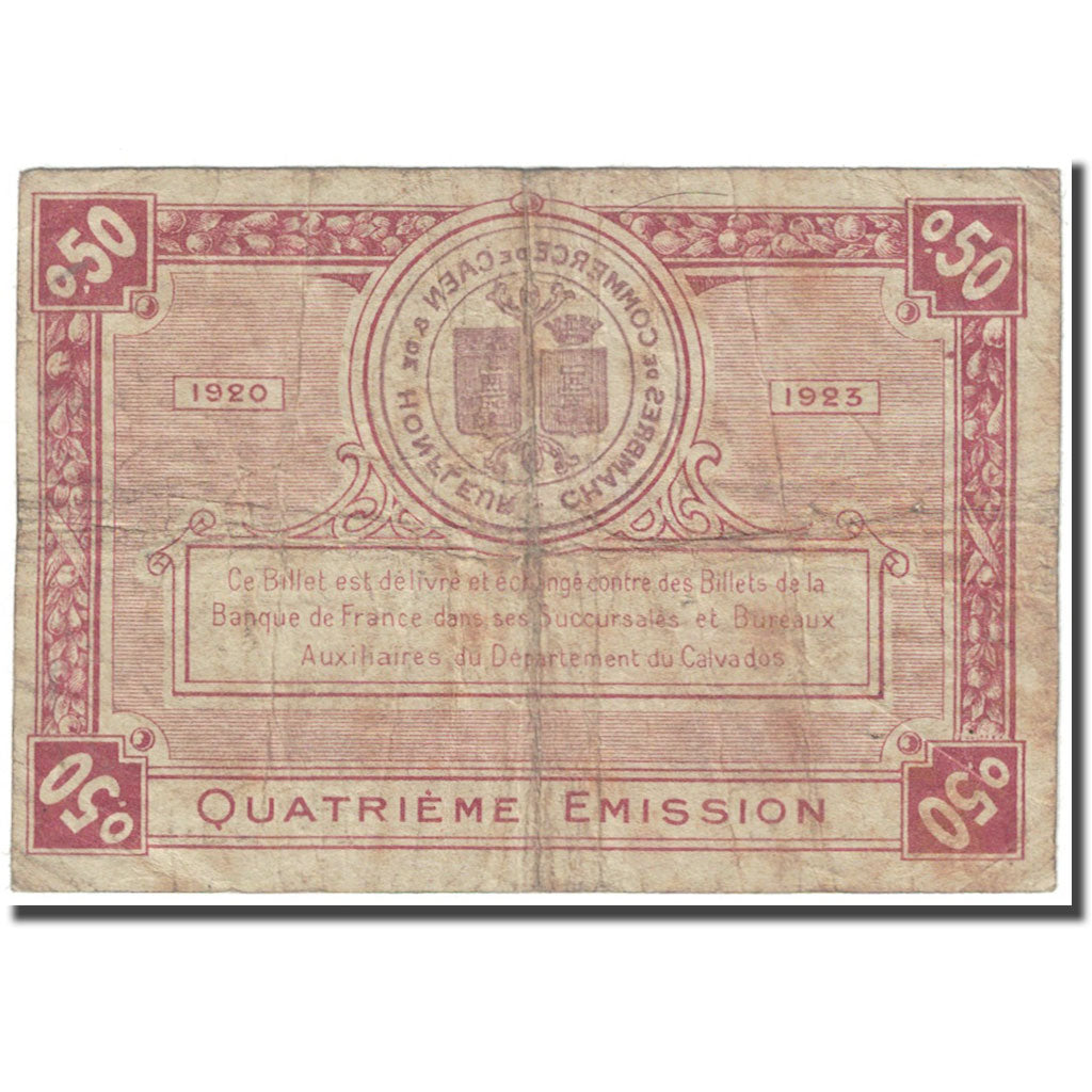 France, Caen et Honfleur, 50 Centimes, 1920, Chambre de Commerce, VF(20-25)