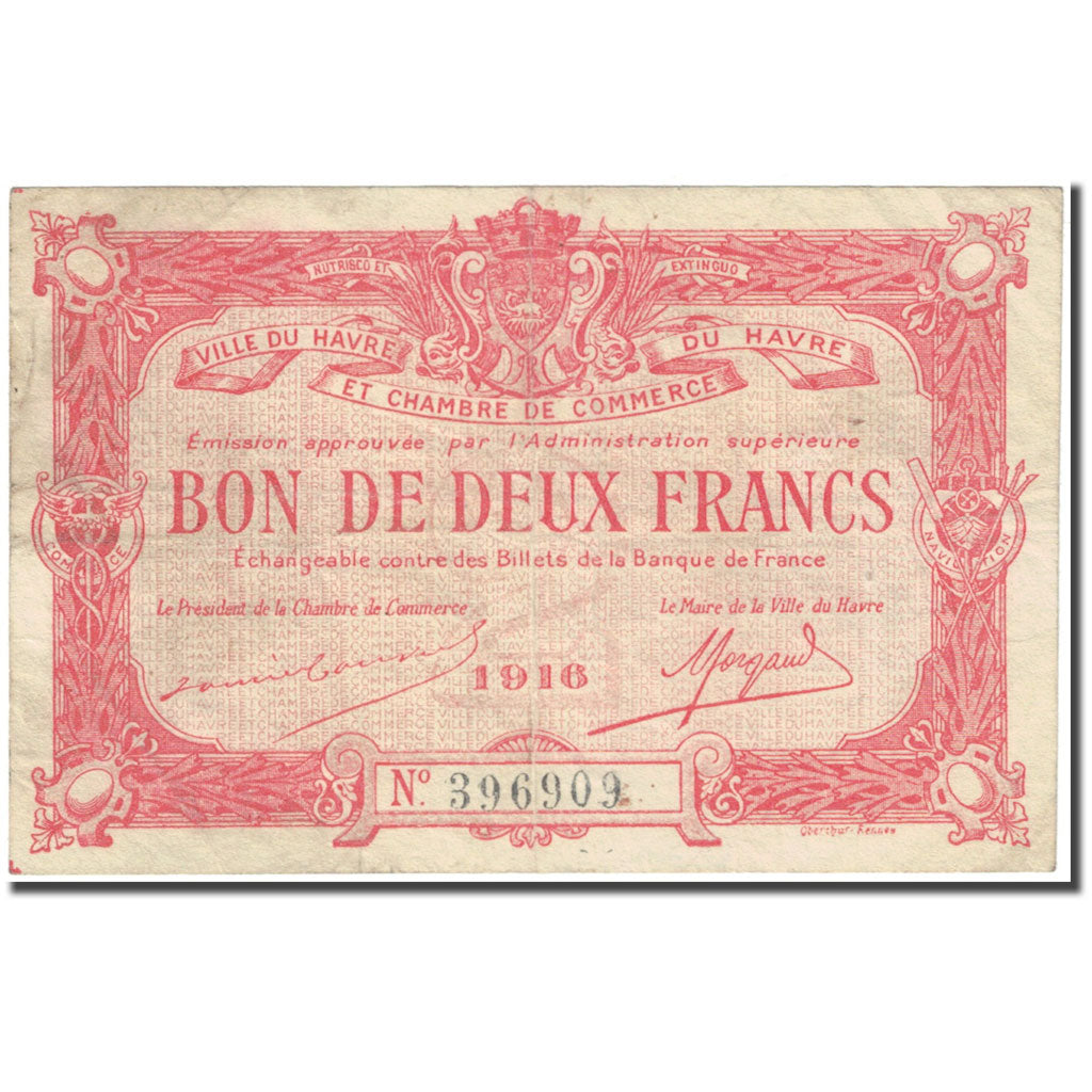 France, Le Havre, 2 Francs, 1916, Chambre de commerce / Bon de, VF(20-25)