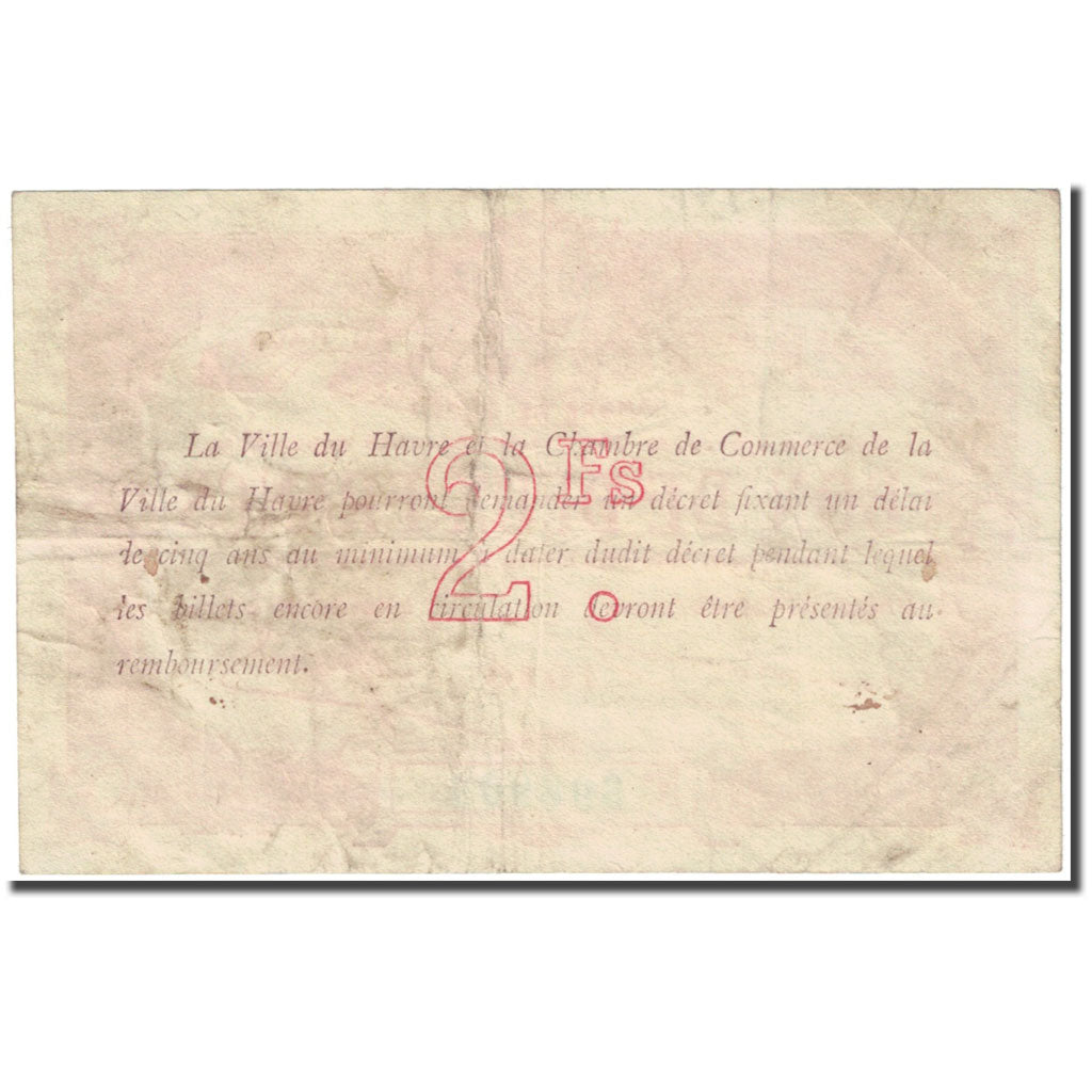 France, Le Havre, 2 Francs, 1916, Chambre de commerce / Bon de, VF(20-25)