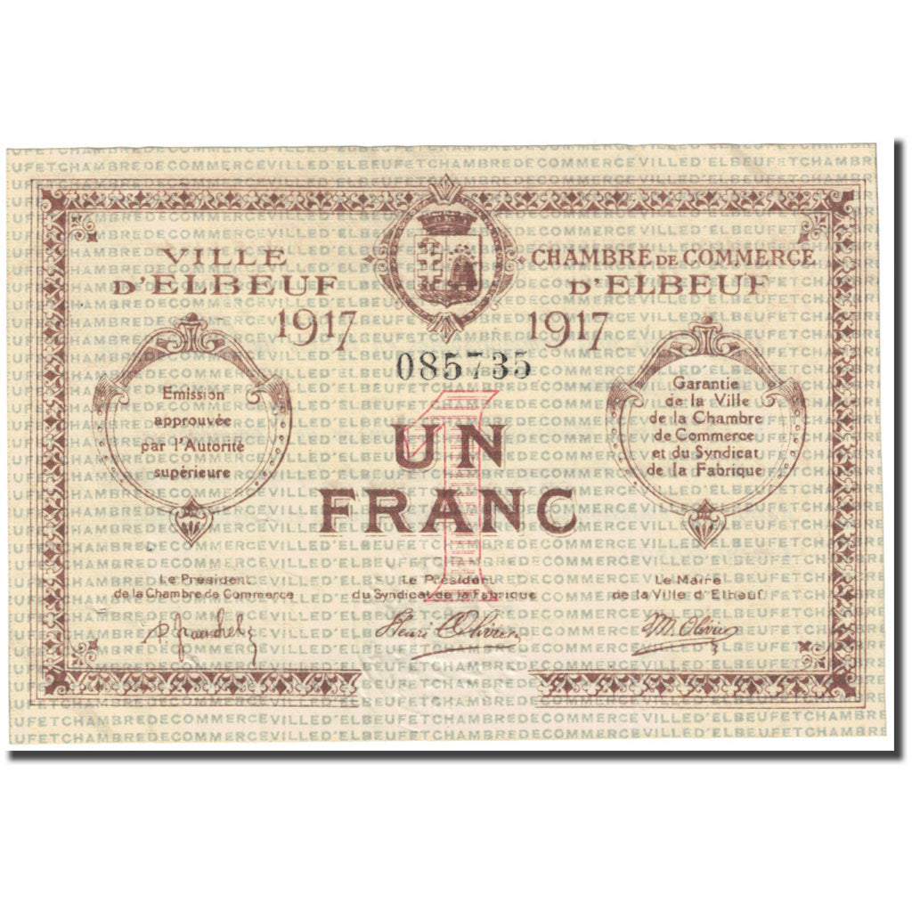 France, Elbeuf, 1 Franc, 1917, Chambre de Commerce, TTB, Pirot:55-11