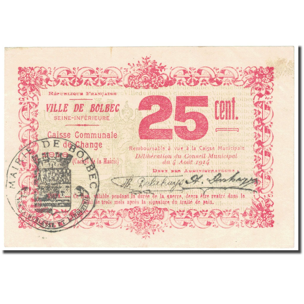 France, Bolbec, 25 Centimes, 1916, Caisse Communale de Change, AU(55-58)