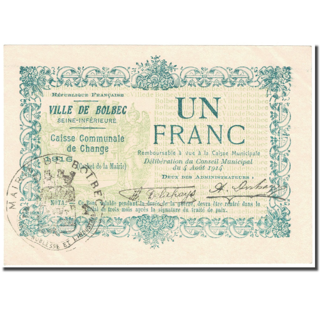 France, Bolbec, 1 Franc, 1916, Caisse Communale de Change, UNC(65-70)