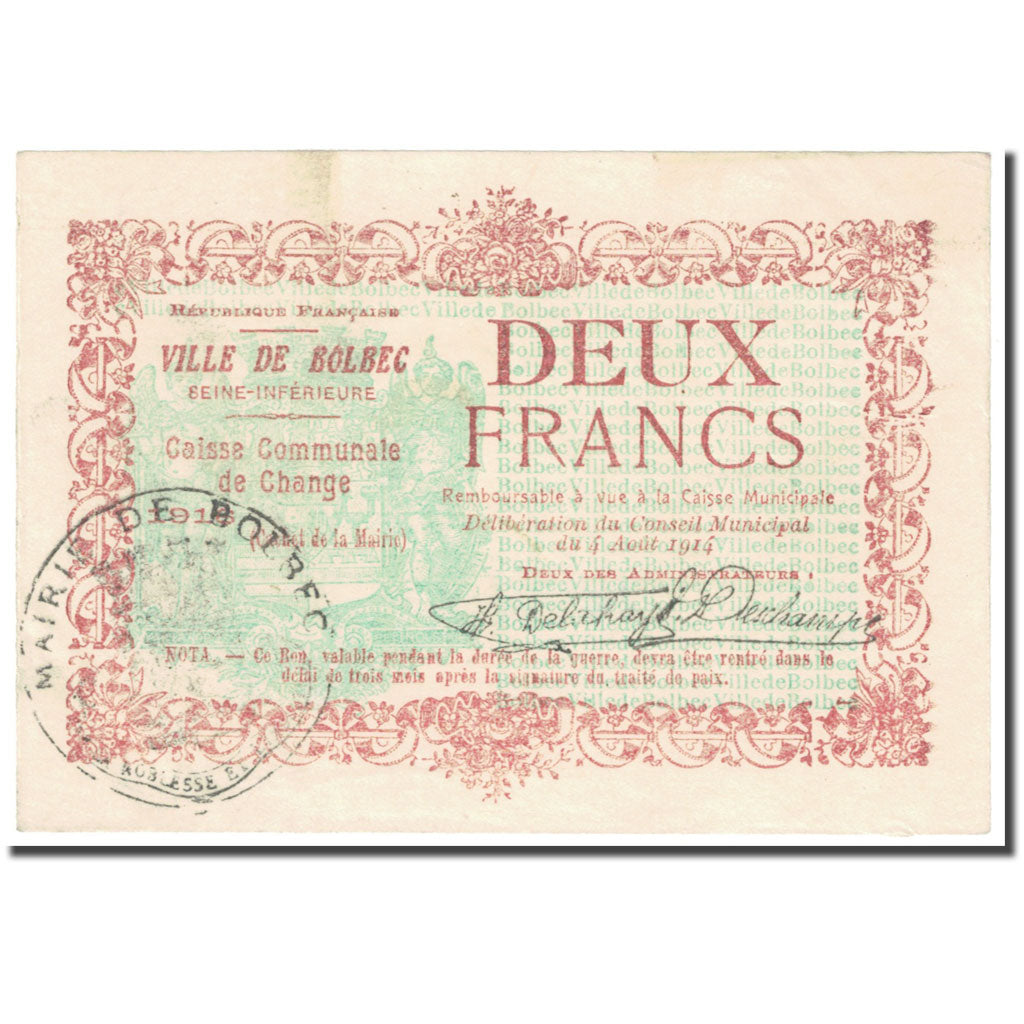 France, Bolbec, 2 Francs, 1916, Caisse Communale de Change, AU(55-58)