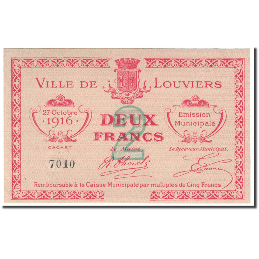 France, Louviers, 2 Francs, 1916, Emission Municipale, UNC(65-70), Pirot:27-19