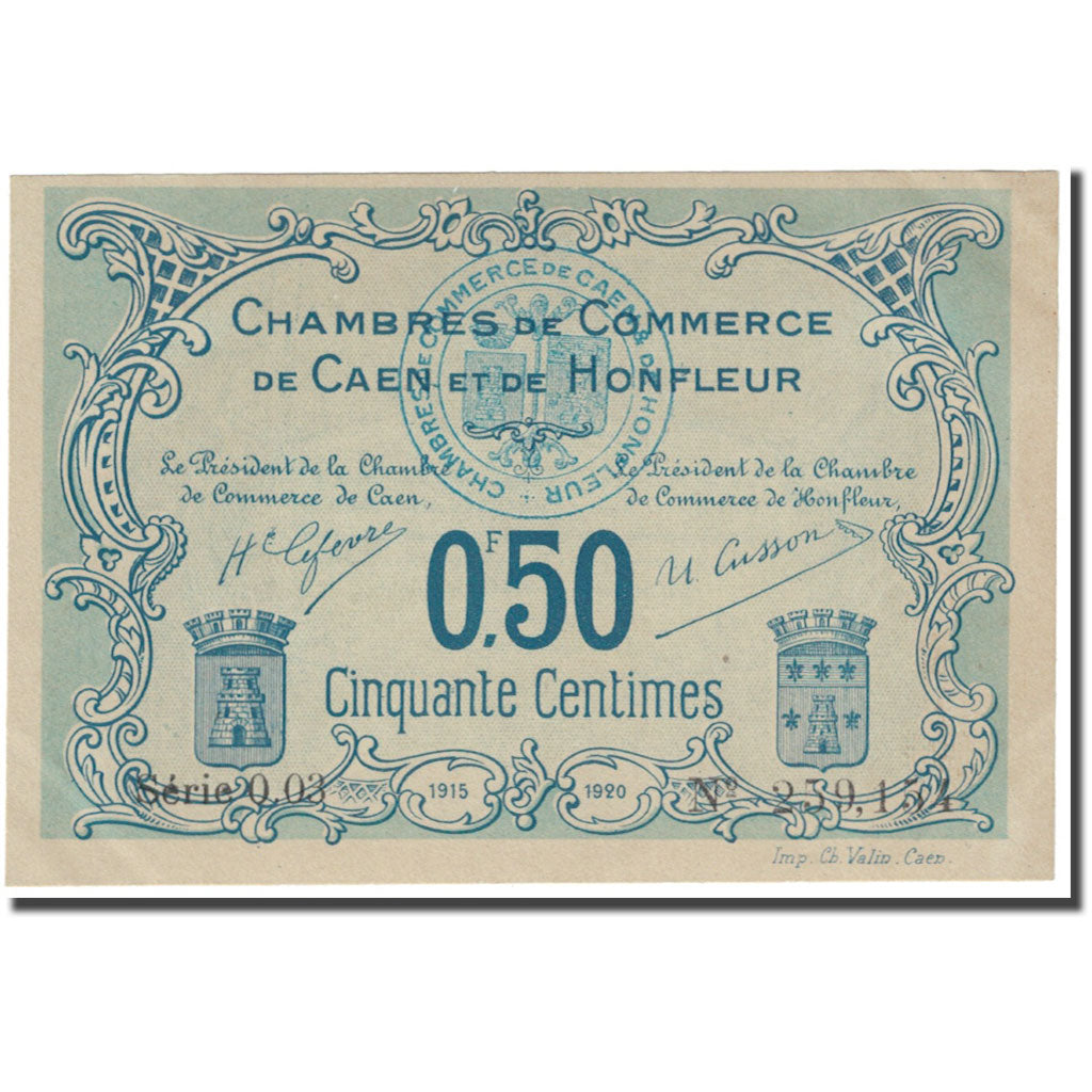 France, Caen et Honfleur, 50 Centimes, 1915, Chambre de Commerce, UNC(63)