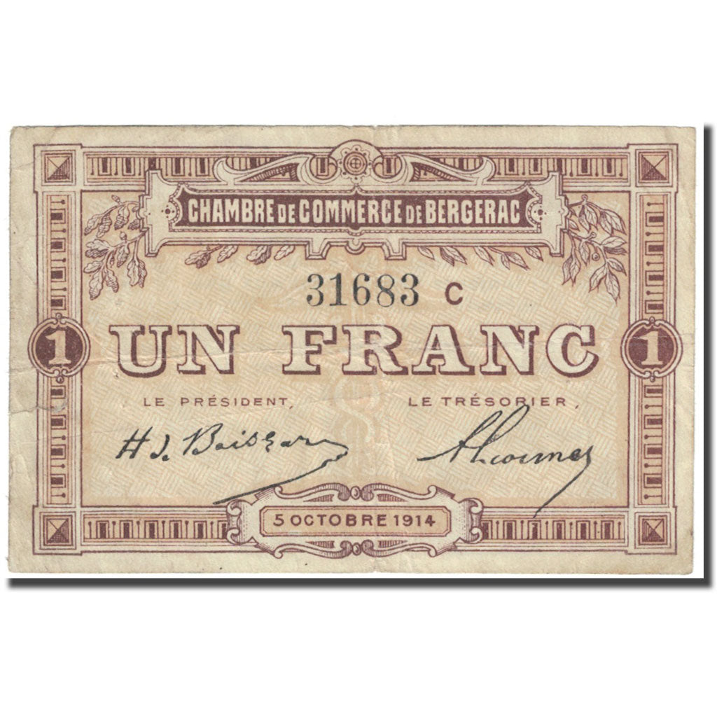 France, Bergerac, 1 Franc, 1914, Chambre de Commerce, EF(40-45), Pirot:24-14