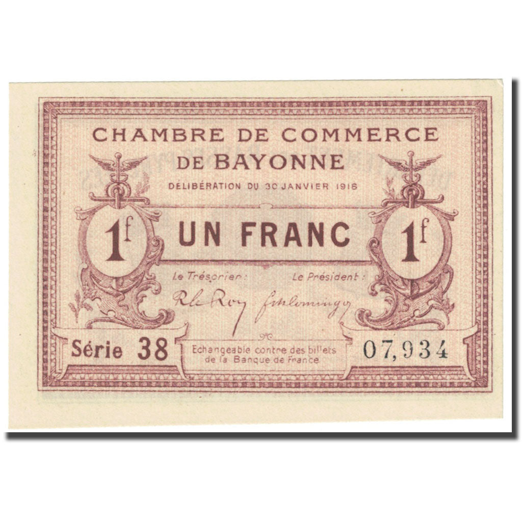France, Bayonne, 1 Franc, 1918, Chambre de Commerce, UNC(65-70), Pirot:21-59