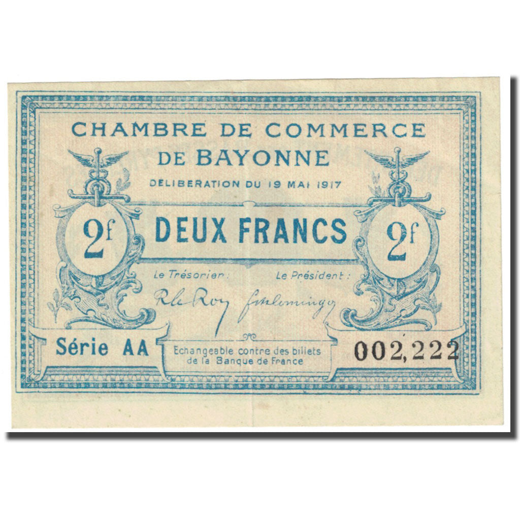 France, Bayonne, 2 Francs, 1917, Chambre de Commerce, EF(40-45), Pirot:21-52