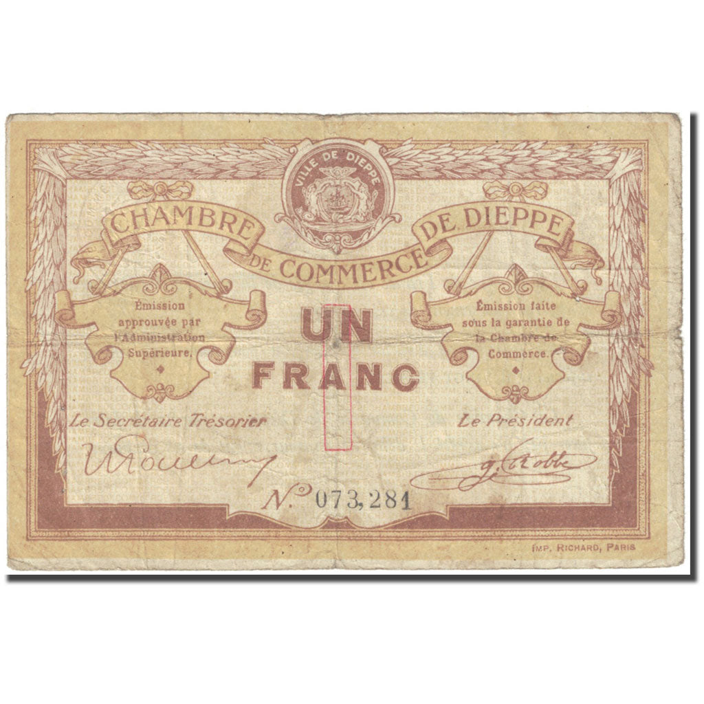 France, Dieppe, 1 Franc, 1918, Chambre de Commerce, VF(20-25), Pirot:52-4