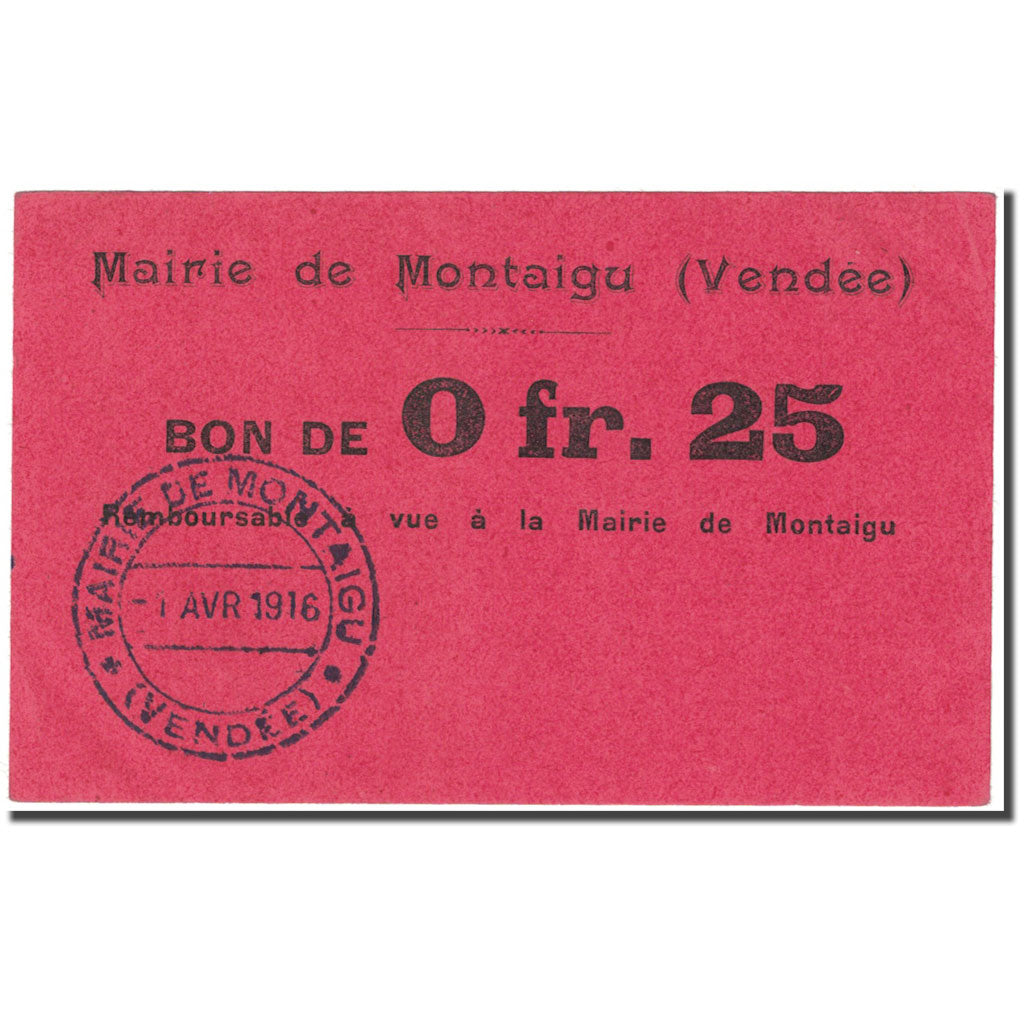 Francia, Montaigu, 25 Centimes, 1916, Bon de Municipalité, EBC, Pirot:85-9