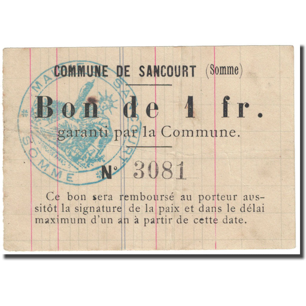 France, Sancourt, 1 Franc, 1916, Bon Communal, VF(20-25), Pirot:80-558