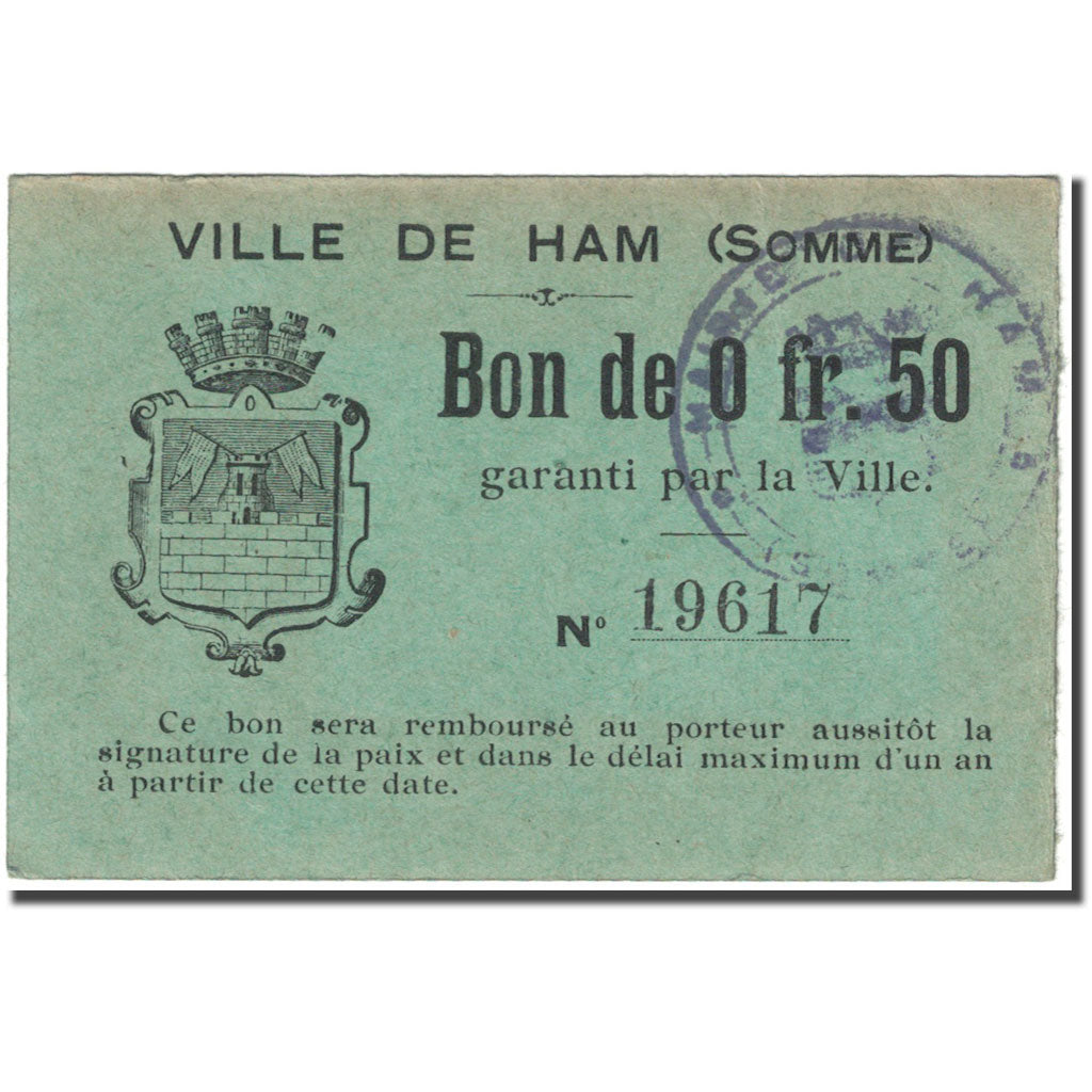 France, Ham, 50 Centimes, Bon de Municipalité, EF(40-45), Pirot:80-236