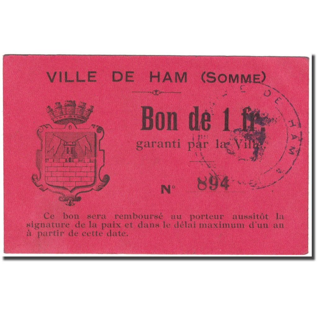 Frankrijk, Ham, 1 Franc, Bon de Municipalité, SUP, Pirot:80-237