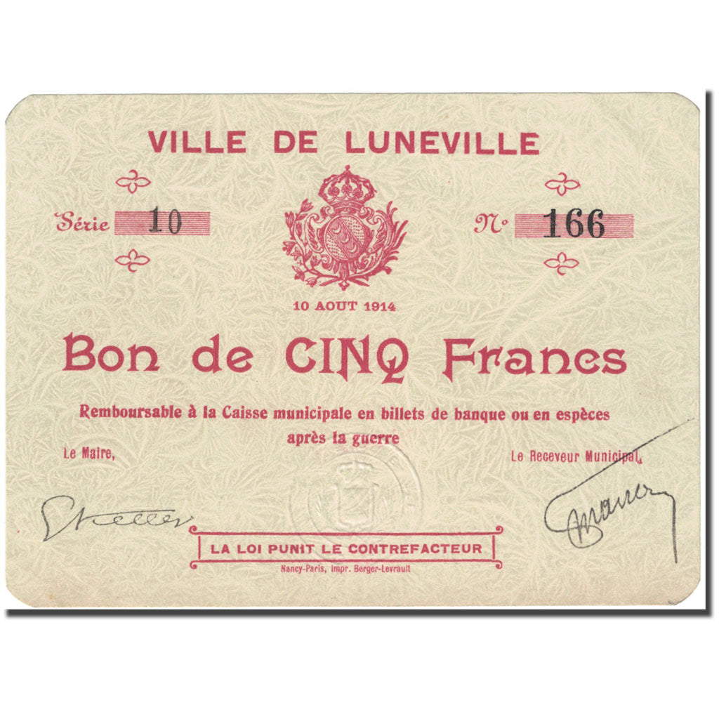 Francia, Lunéville, 5 Francs, 1914, Bon de Municipalité, SPL-, Pirot:54-77