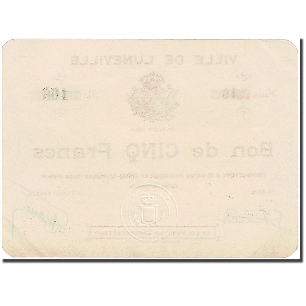 Francia, Lunéville, 5 Francs, 1914, Bon de Municipalité, SPL-, Pirot:54-77