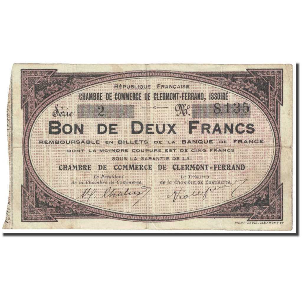 France, Clermont-Ferrand, 2 Francs, Chambre de commerce / Bon de, TB, Pirot:48-2
