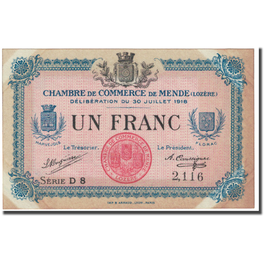 France, Mende, 1 Franc, 1918, Chambre de Commerce, VG(8-10), Pirot:81-7