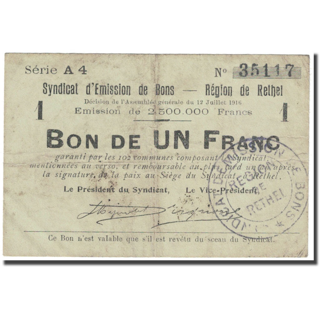 France, Rethel, 1 Franc, 1916, Syndicat d'émission / Bon de, VF(20-25)