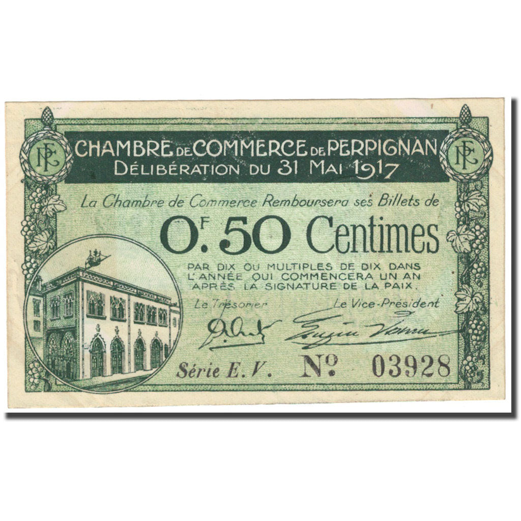 France, Perpignan, 50 Centimes, 1917, Chambre de Commerce, AU(55-58)