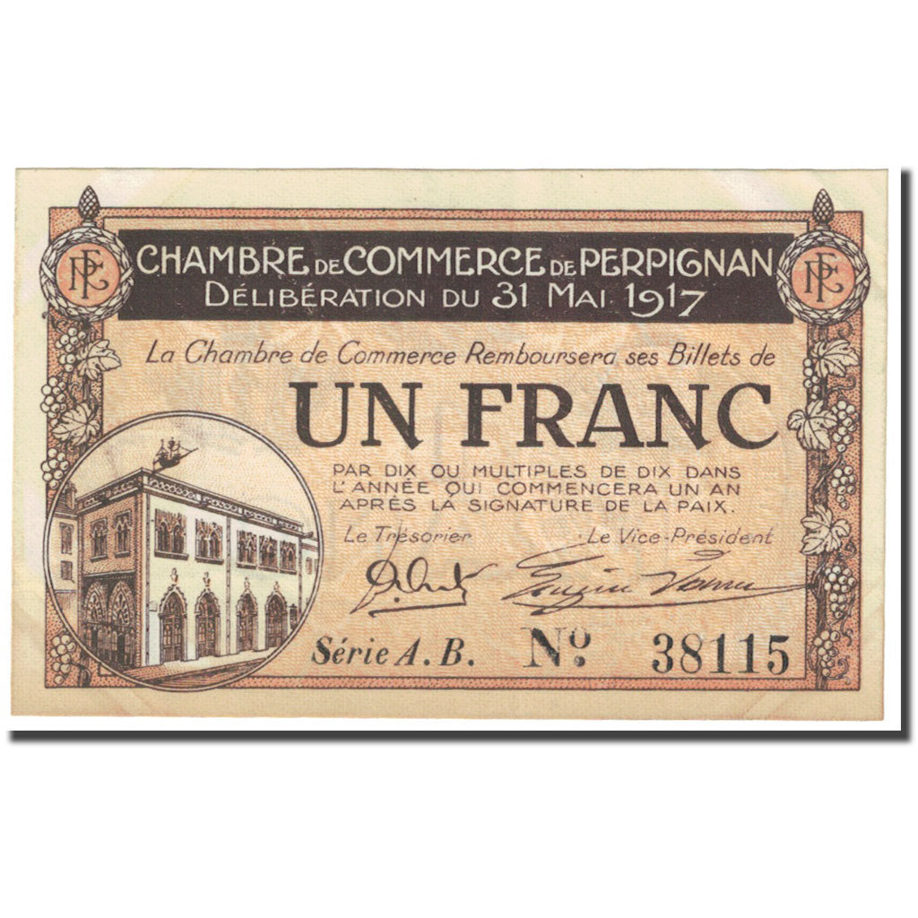 France, Perpignan, 1 Franc, 1917, Chambre de Commerce, AU(55-58), Pirot:100-23