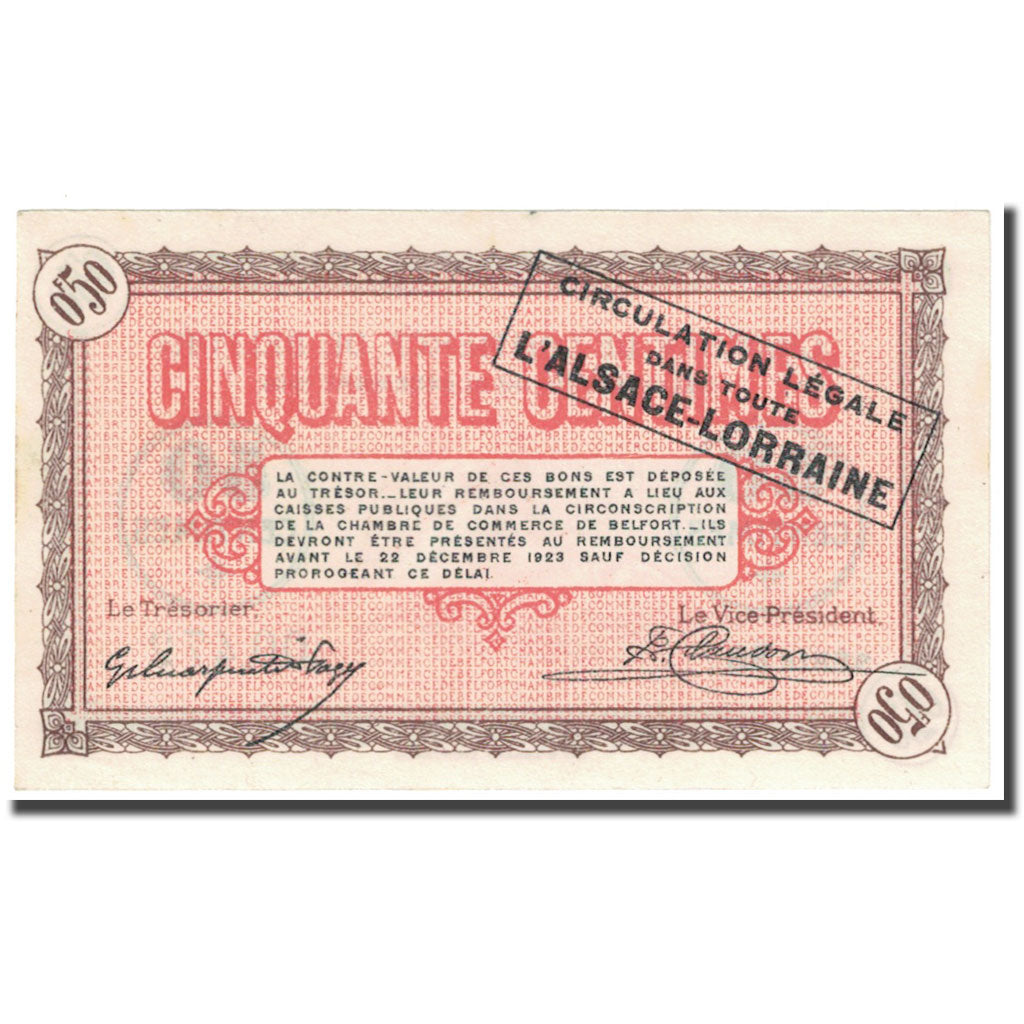 France, Belfort, 50 Centimes, 1918, Chambre de Commerce, AU(55-58), Pirot:23-48