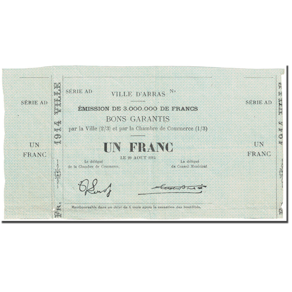 France, Arras, 1 Franc, 1914, Ville & Chambre de commerce, TTB, Pirot:62-13