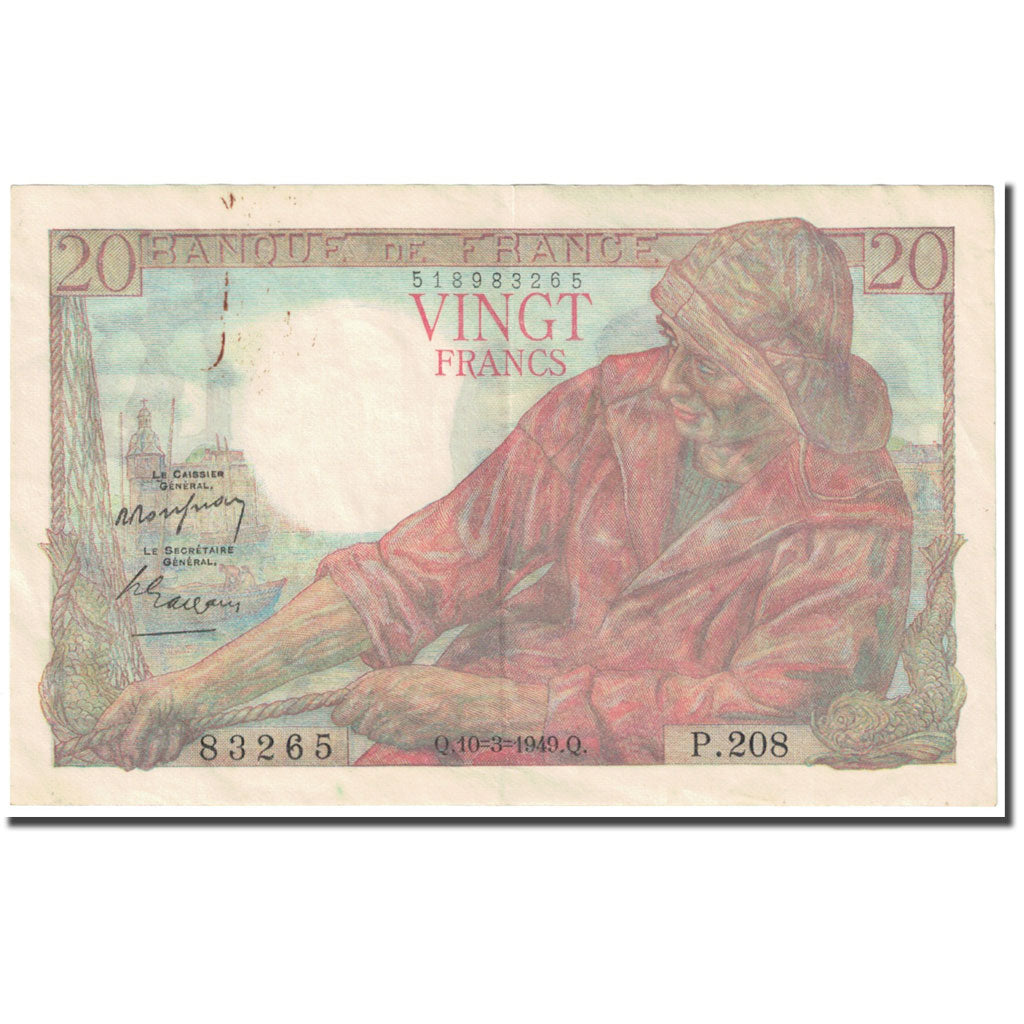 França, 20 Francs, Pêcheur, 1949, 1949-03-10, VF(30-35), Fayette:13.14