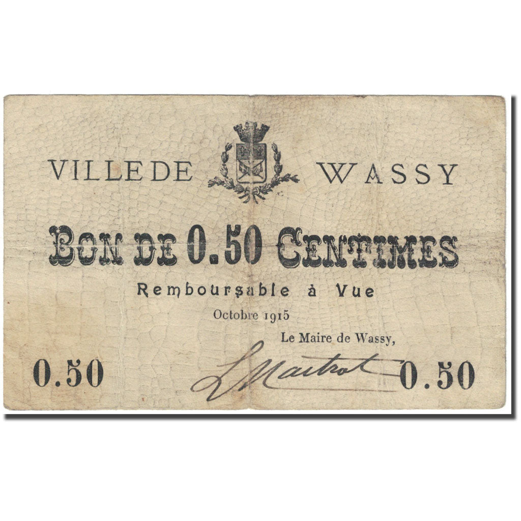 Francia, Wassy, 50 Centimes, 1915, Bon de, MB, Pirot:52-31