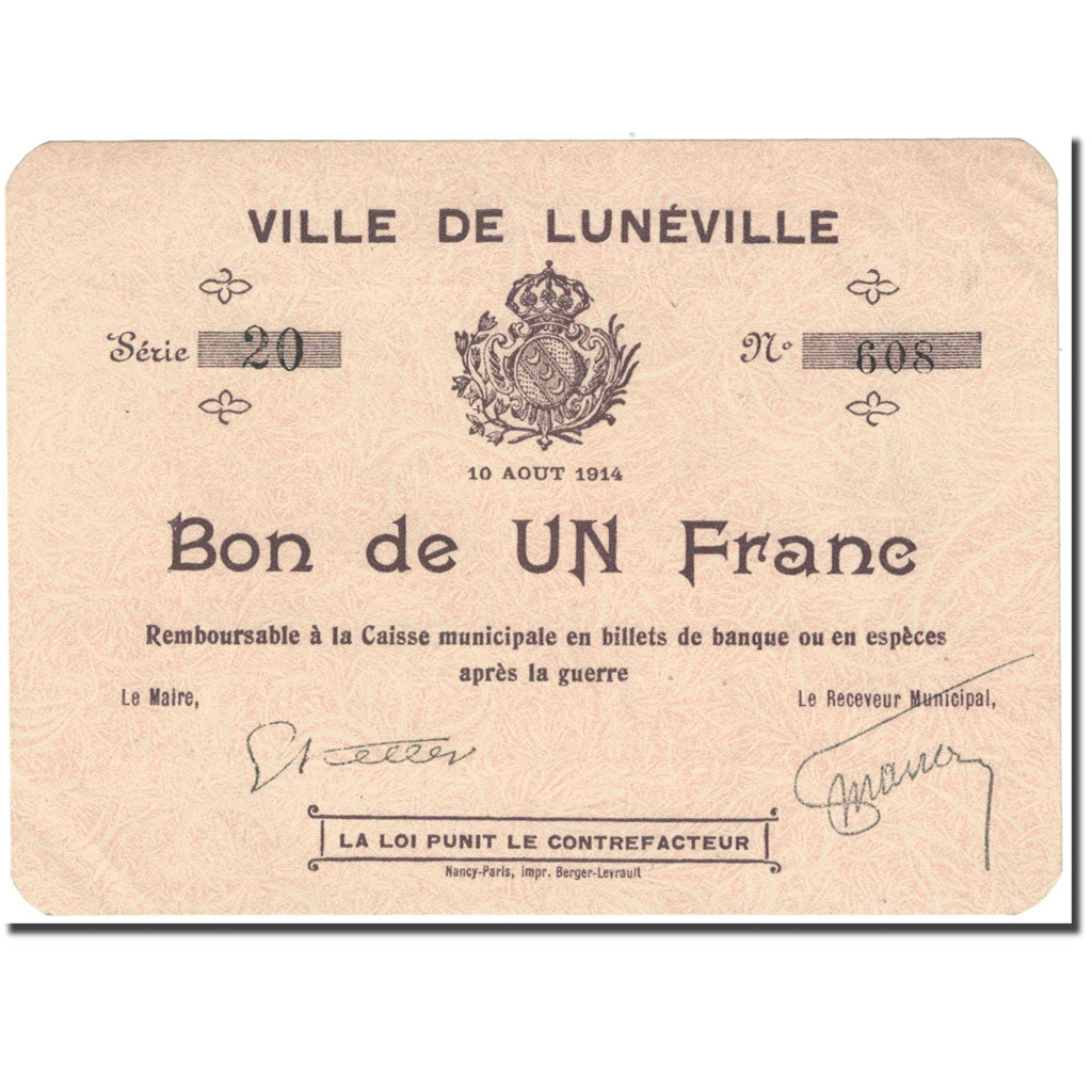 Frankrijk, Lunéville, 1 Franc, 1914, Bon de Municipalité, SPL, Pirot:54-75