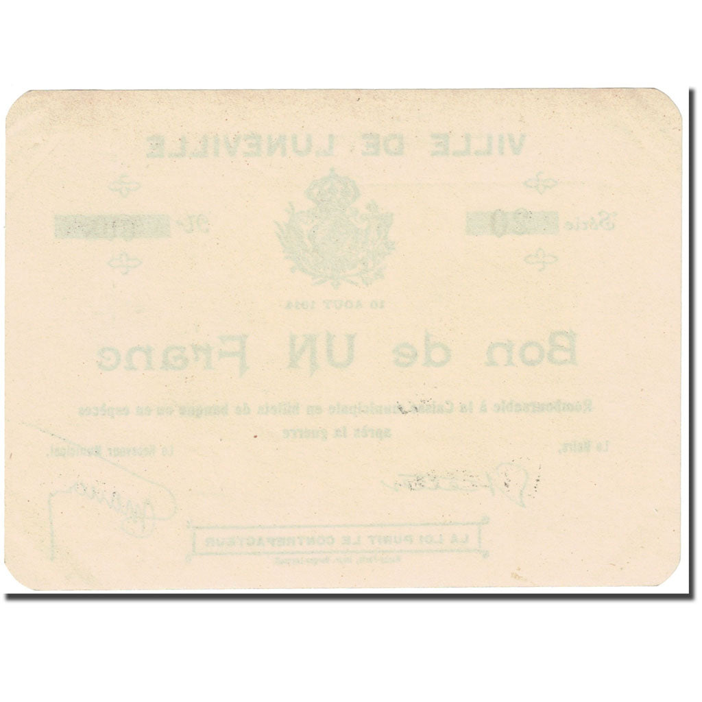 Frankrijk, Lunéville, 1 Franc, 1914, Bon de Municipalité, SPL, Pirot:54-75