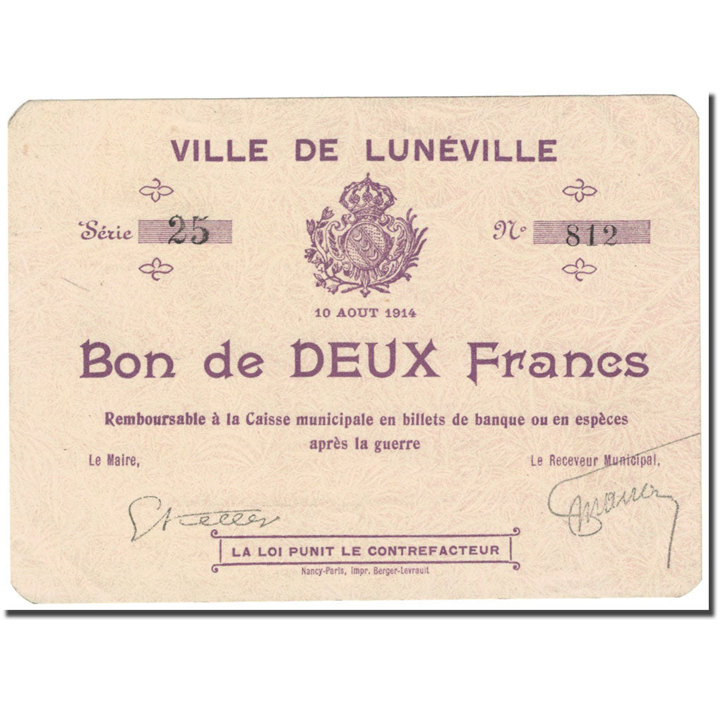 Francja, Lunéville, 2 Francs, 1914, Bon de Municipalité, UNC(63), Pirot:54-76