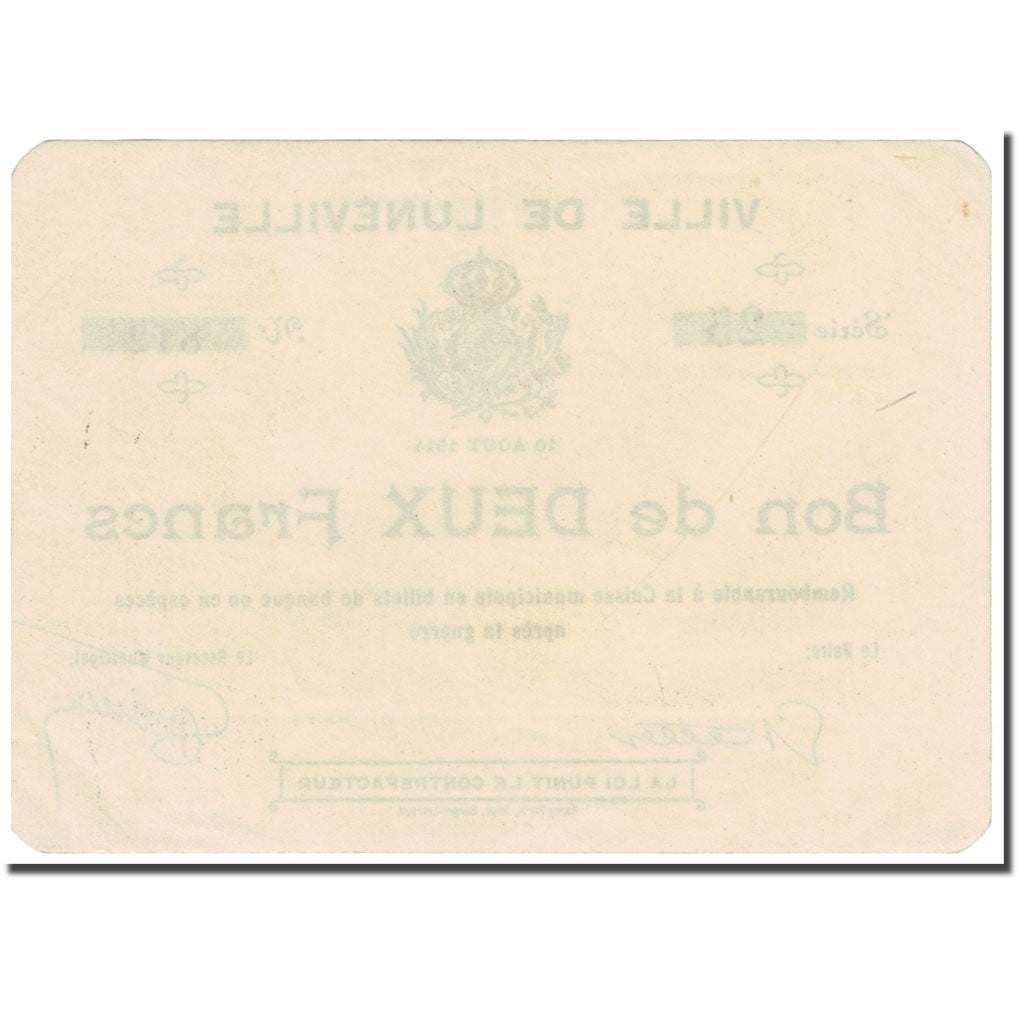 Francja, Lunéville, 2 Francs, 1914, Bon de Municipalité, UNC(63), Pirot:54-76