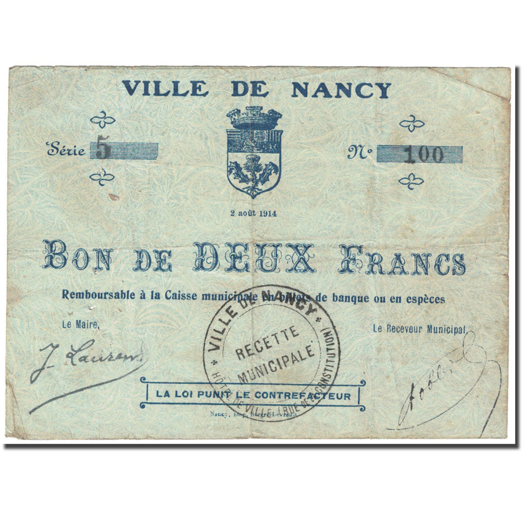 Francja, Nancy, 2 Francs, 1914, Bon de Municipalité, VG(8-10), Pirot:54-82